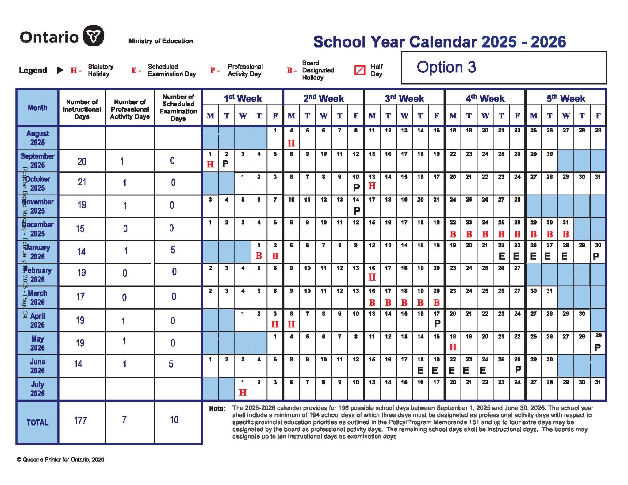 Image of Option 3 of the school year calendar 2025-2026